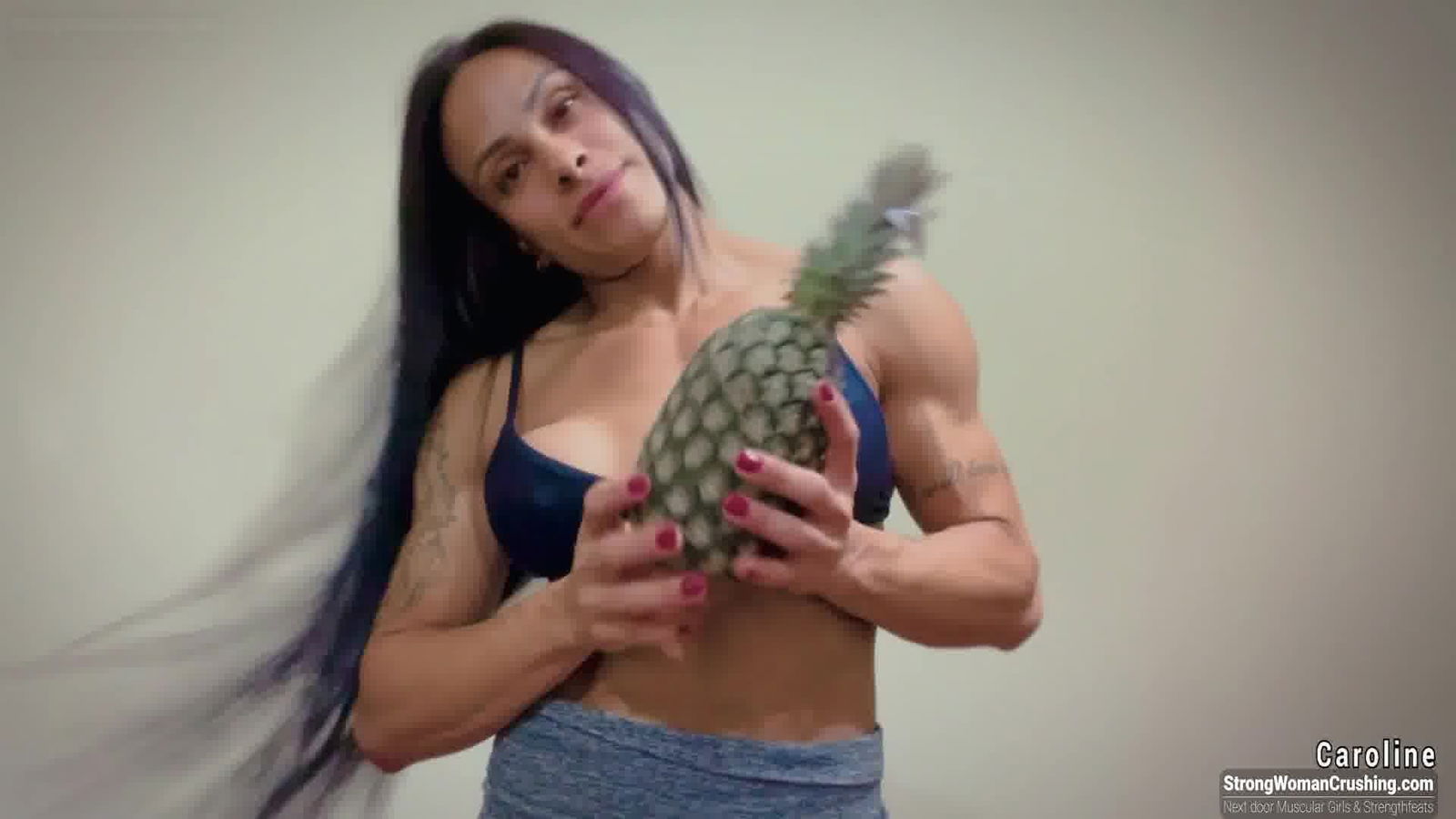 Photo by MusclegirlStrength with the username @MusclegirlStrength, who is a brand user,  February 28, 2024 at 1:04 AM and the text says 'Caroline Crushes Pineapples with Her Insane Strength!
Full Video: https://bit.ly/3Lrh3J2

Unleash the power and sensuality of muscular female bodybuilders at our site! Watch them flex their muscles, bend metal, lift cars, and crush things with..'