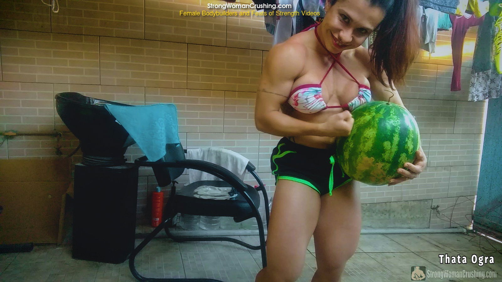 Album by MusclegirlStrength with the username @MusclegirlStrength, who is a brand user,  May 27, 2024 at 11:23 PM and the text says 'Muscle Queen Crushes Watermelon with Pure Power! 💪🍉:
https://www.strongwomancrushing.com/2020/11/02/thata-ogra-smashes-a-watermelon-in-her-muscular-body/

Thata Ogra flexes her incredible shredded muscular body all her muscles are made of steel and..'