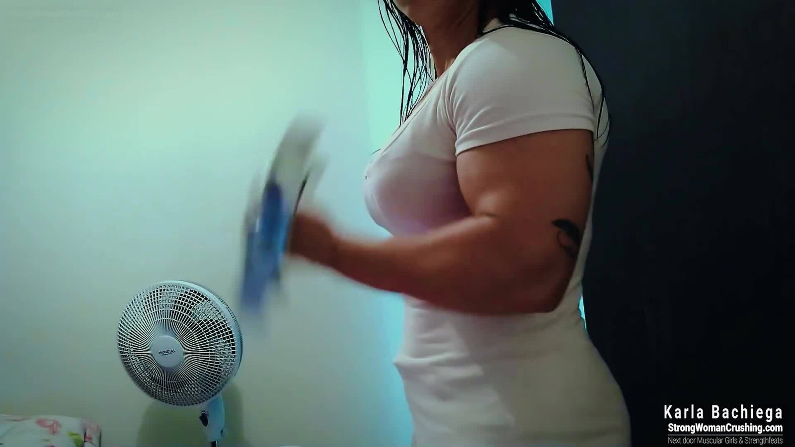 Photo by MusclegirlStrength with the username @MusclegirlStrength, who is a brand user,  July 20, 2023 at 2:19 AM and the text says '🔥🔥 Check out Karla Bachiega's amazing new video! 🔥🔥 Thrase her shirt with Karla and get a membership to watch it now at StrongWomanCrushing.com 💪 #StrongWomanCrushing #KarlaBachiega #ThraseYourShirt #FashionInspiration #FashionGoals'