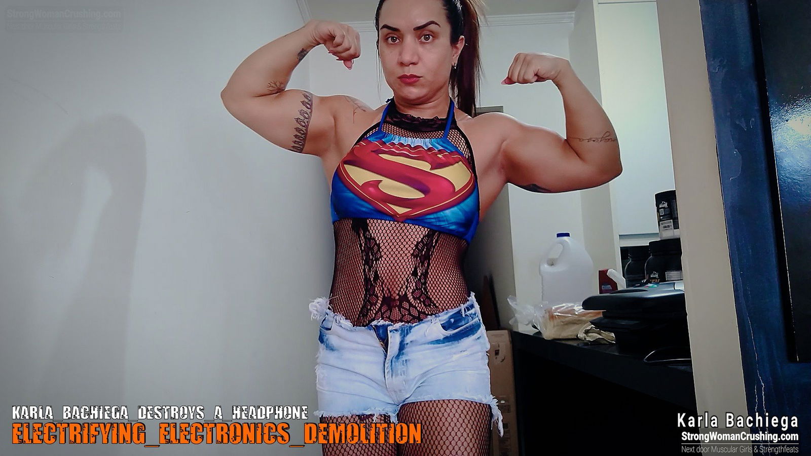 Album by MusclegirlStrength with the username @MusclegirlStrength, who is a brand user,  October 1, 2023 at 11:09 PM and the text says '🔥💪🏼 Check out the amazing video of Karla Bachiega destroying a headphone! 🤯 Get your membership now to watch it at www.strongwomancrushing.com 🤩 #StrongWomanCrushing #KarlaBachiega #HeadphoneCrushing #CrushIt #WomenEmpowerment'