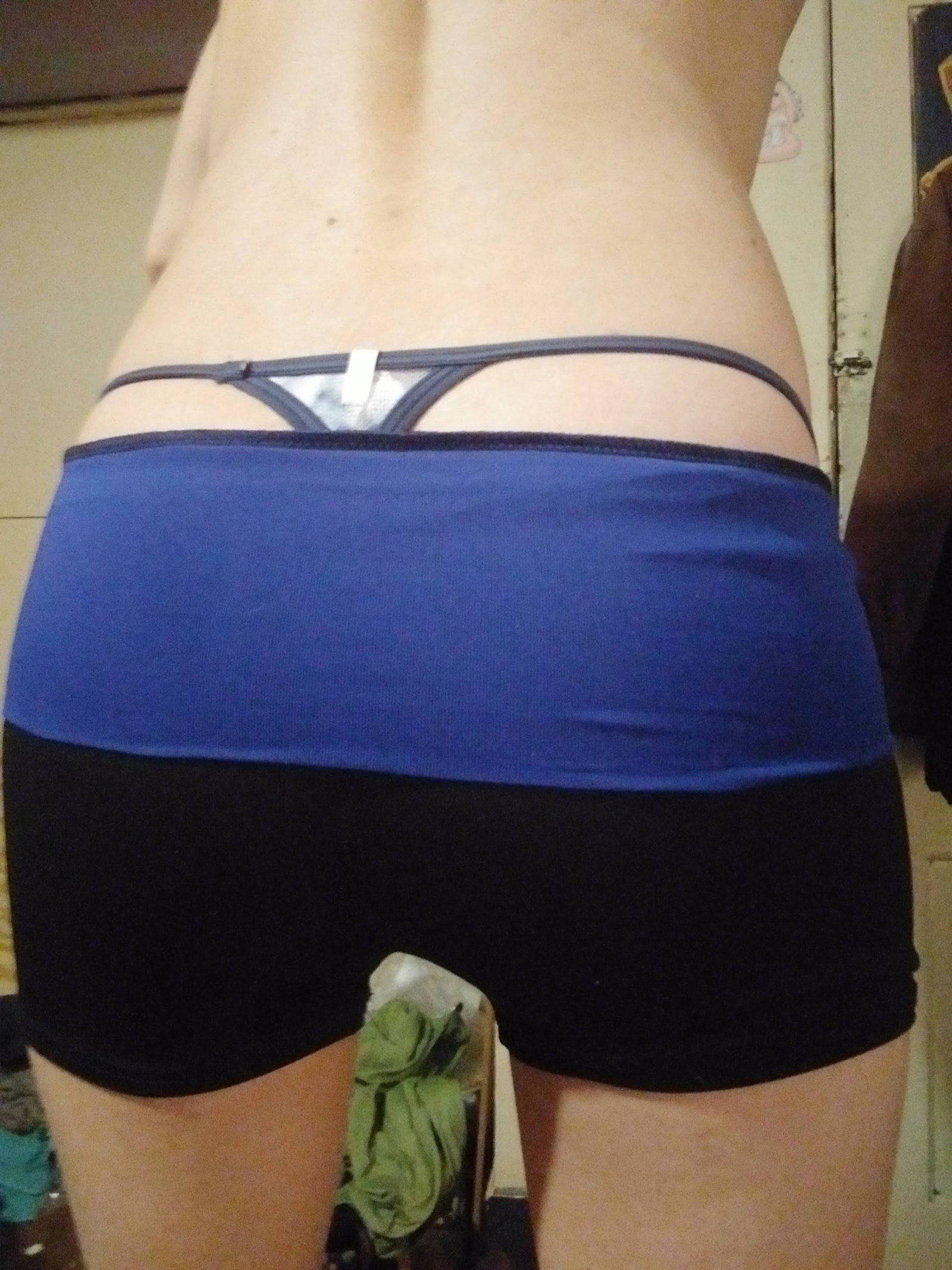 Photo by Femboythong88 with the username @Femboythong1988,  September 6, 2020 at 10:01 PM. The post is about the topic Sexiestamateurcrossdressers and the text says 'my booty in my blue and white V-String and yoga shorts with my v-string showing'