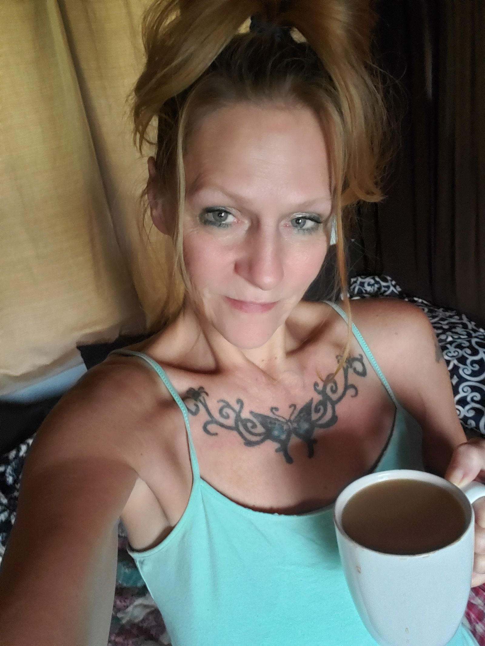 Photo by Kittiespurr69 with the username @kpurr69, who is a star user,  October 2, 2020 at 2:53 PM and the text says 'Who wants to join me for some morning ☕ 💦👅😻'