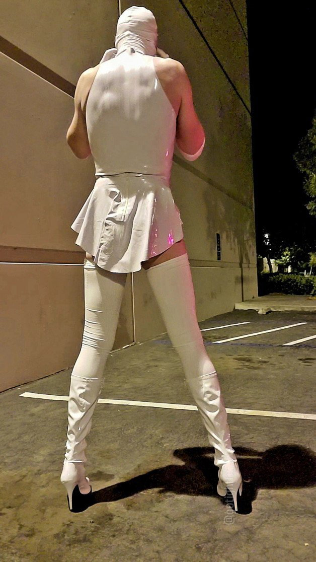 Photo by GoTightFit with the username @gotightfit,  April 8, 2021 at 1:09 PM. The post is about the topic High Heel Boots and the text says 'A tight walk

#gotightfit #sexy #spandex #highheels #bulge #fitspo #femboy #latex #thighhighs #white #gloves #miniskirt #public #gstring #buns'