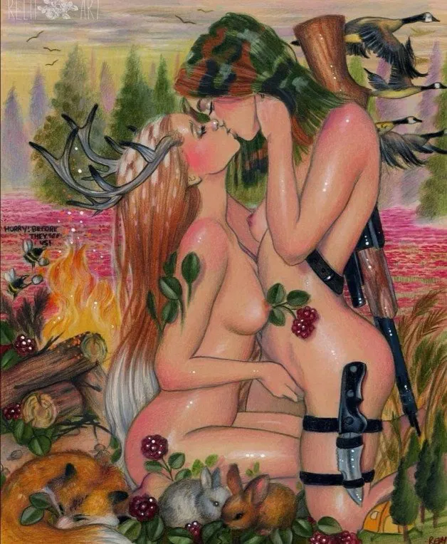 Photo by Curio Of Awesome with the username @CurioOfAwesome,  June 27, 2021 at 4:48 AM. The post is about the topic Art Porn and the text says 'by natkitkats on twitter #lesbian #lesbians #kiss #kissing #fingering #art #painting #drawing #natkitkats'