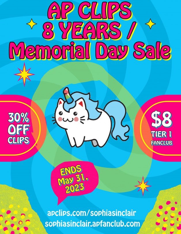 Photo by SpicedEnterprise with the username @spicesophia, who is a star user,  May 26, 2023 at 5:38 PM and the text says 'Celebrating 8 Years of @RealAPClips and Memorial Day with an end of the month sale! 🎂

🎇30% OFF ALL CLIPS 🎇

🎇$8 per month FANCLUB🎇

❇️ apclips.com/sophiasinclair ❇️ 

#sellingcontent #nsfwtwt #apclips #ForSale'