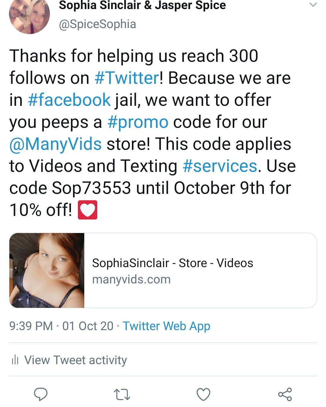 Photo by SpicedEnterprise with the username @spicesophia, who is a star user,  October 2, 2020 at 2:45 AM and the text says 'Enjoy this 10% discount code on @manyvids
#facebookjail #wearemany #discountcode #dicount #promo #sophiasinclair #SophiaandJasper #JasperSpice #Spicesophia #SinSpice #Spicedenterprise'