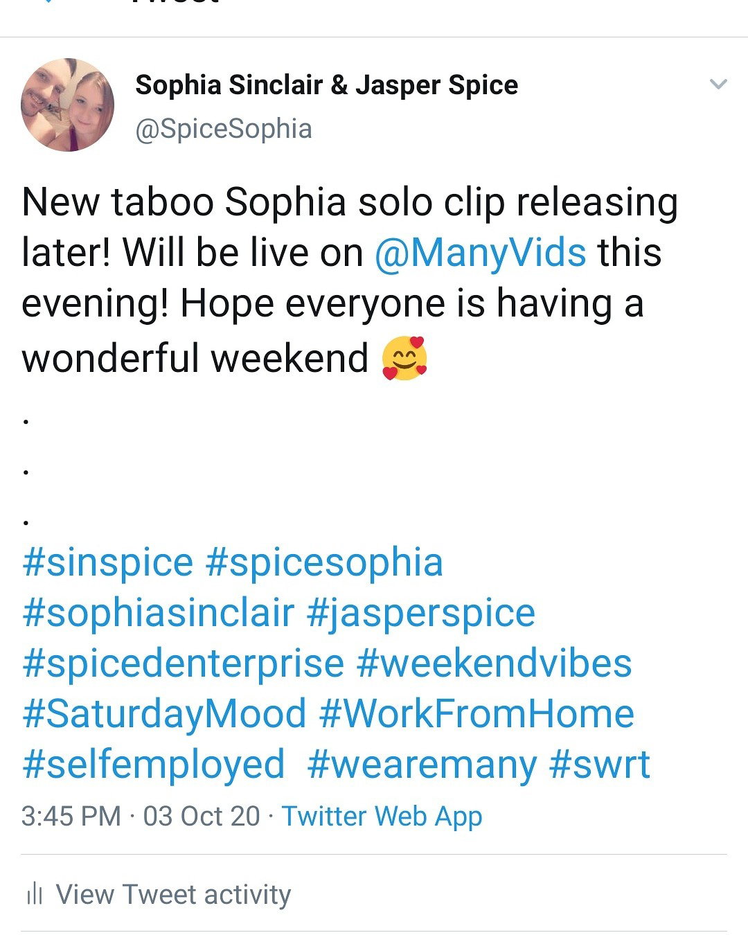 Photo by SpicedEnterprise with the username @spicesophia, who is a star user,  October 3, 2020 at 9:10 PM and the text says '#wearemany #newcontentalert #clips #newvideo #SophiaandJasper #sophiasinclair #SinSpice #SpiceSophia #jasperspice'