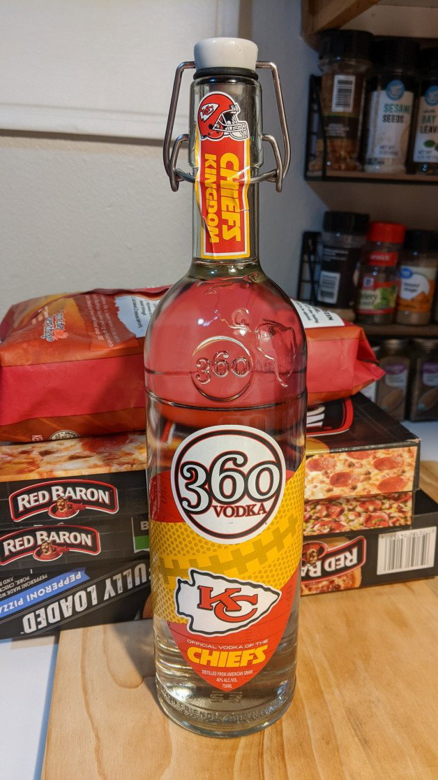 Photo by SpicedEnterprise with the username @spicesophia, who is a star user,  February 12, 2023 at 10:45 PM and the text says 'New 360 #kcchiefs vodka taste test for #SuperbowlSunday'