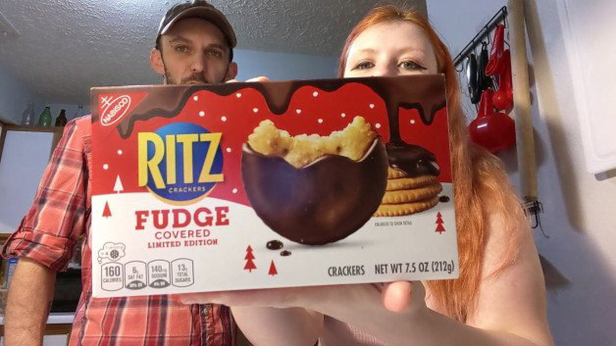 Photo by SpicedEnterprise with the username @spicesophia, who is a star user,  December 8, 2023 at 10:23 PM and the text says 'Ritz Fudge Taste Test is out now! https://rumble.com/v40bjhj-limited-edition-ritz-crackers-fudge-covered-taste-test.html'