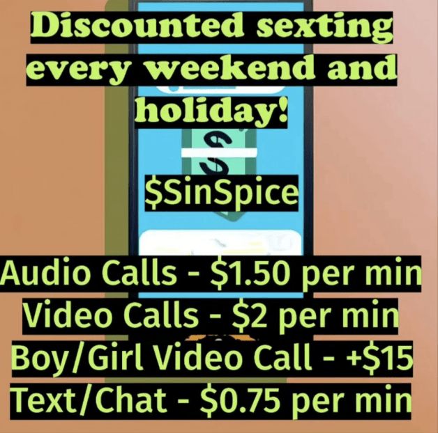 Photo by SpicedEnterprise with the username @spicesophia, who is a star user,  January 26, 2024 at 6:50 PM and the text says 'This is only available for direct sales through cashapp! Please tip the amount for your session in advance. $SinSpice Skype or snap are the options I have for calls 😊 let's have some fun'
