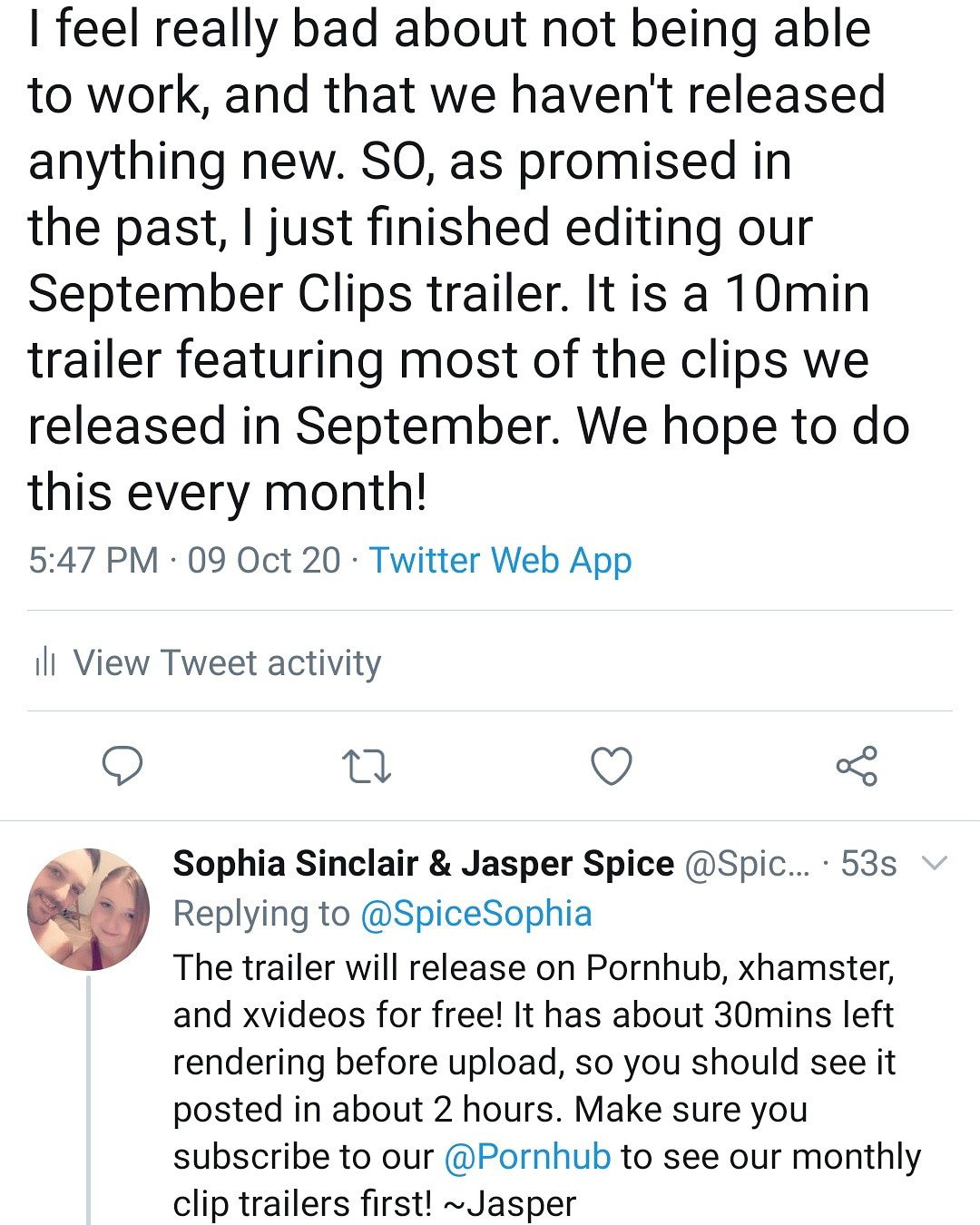 Photo by SpicedEnterprise with the username @spicesophia, who is a star user,  October 9, 2020 at 10:53 PM and the text says '#PHworthy #SinSpice #jasperspice #Spicesophia #SophiaAndjasper #sophiasinclair #SpicedEnterprise #trailer'