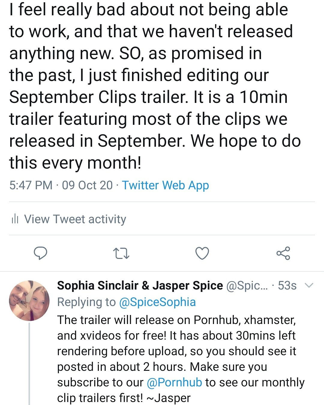 Photo by SpicedEnterprise with the username @spicesophia, who is a star user,  October 9, 2020 at 10:53 PM and the text says '#PHworthy #SinSpice #jasperspice #Spicesophia #SophiaAndjasper #sophiasinclair #SpicedEnterprise #trailer'