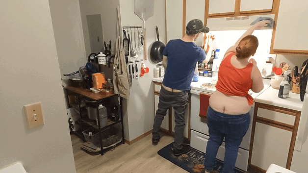 Photo by SpicedEnterprise with the username @spicesophia, who is a star user,  December 19, 2024 at 10:09 PM and the text says 'New double buttcrack clip is out now! https://apclips.com/sophiasinclair/couple-s-buttcracks-exposed-cleaning-kitchen-cabinets'