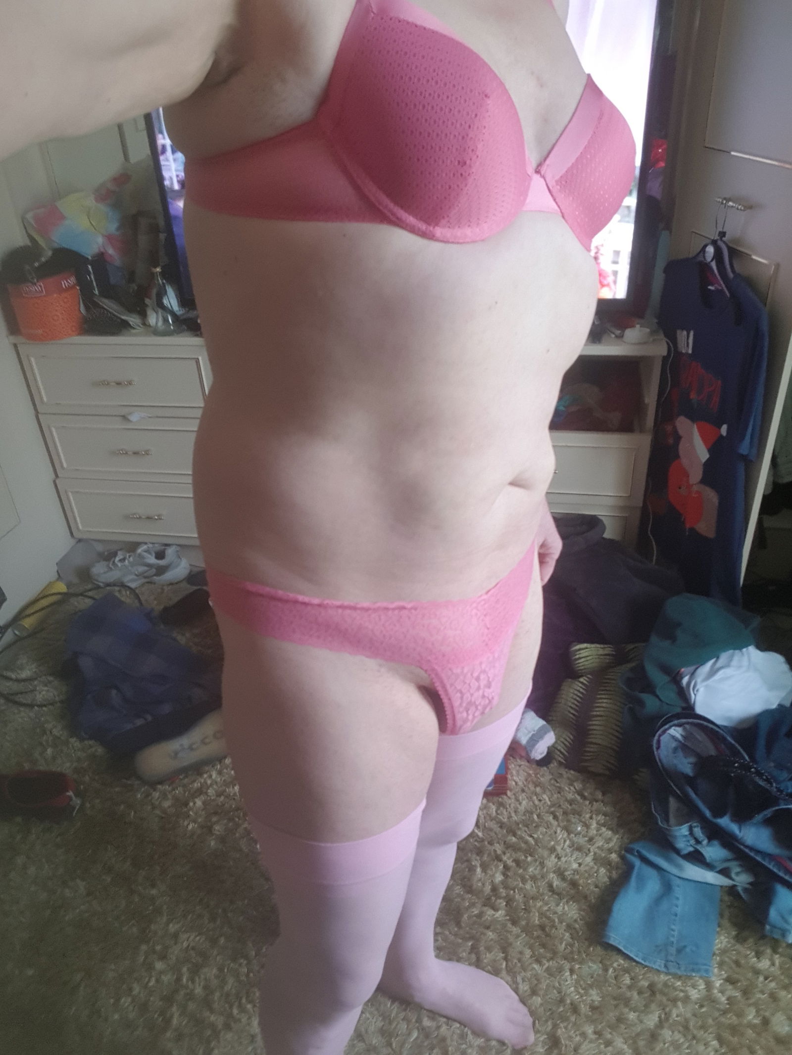 Photo by Likestobesubmissive with the username @Likestobesubmissive, who is a verified user,  March 13, 2019 at 11:25 AM and the text says 'Finally got to try on my new underwear, unfortunately the red set didn't fit although the same size (supposedly) the pink fits ok'