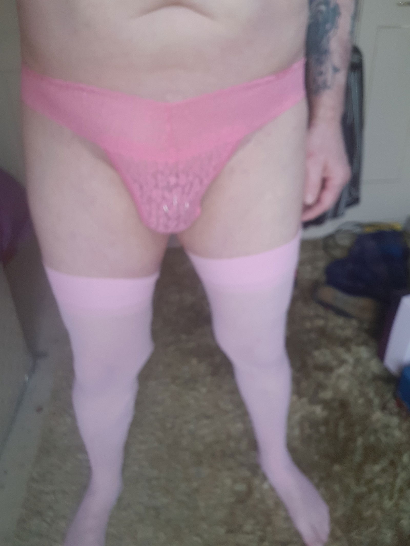 Photo by Likestobesubmissive with the username @Likestobesubmissive, who is a verified user,  March 13, 2019 at 11:25 AM and the text says 'Finally got to try on my new underwear, unfortunately the red set didn't fit although the same size (supposedly) the pink fits ok'