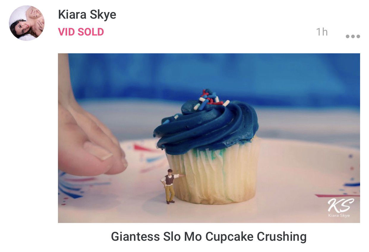 Photo by Kiara Skye with the username @KiaraSkye, who is a star user,  February 26, 2020 at 4:18 PM. The post is about the topic Foot Fetish and the text says '🔥 JUST SOLD! 🔥

🧁 Giantess Slo Mo Cupcake Crushing!

👉 Get yours at https://kiaraskye.manyvids.com!

#giantess #feet #crush #cake #toes #smallfeet #footfetish #icing #tinyman #manyvids'