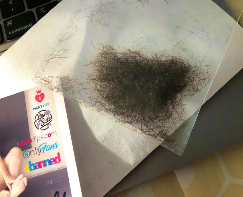 Album by Kiara Skye with the username @KiaraSkye, who is a star user,  February 25, 2020 at 7:33 PM and the text says '😏 Shipped some of my delicious #pubes to a lucky loser! Get yours in my ManyVids store! 🔥

#bush #hairy #shaved #brunette #manyvids #MVGIRL'