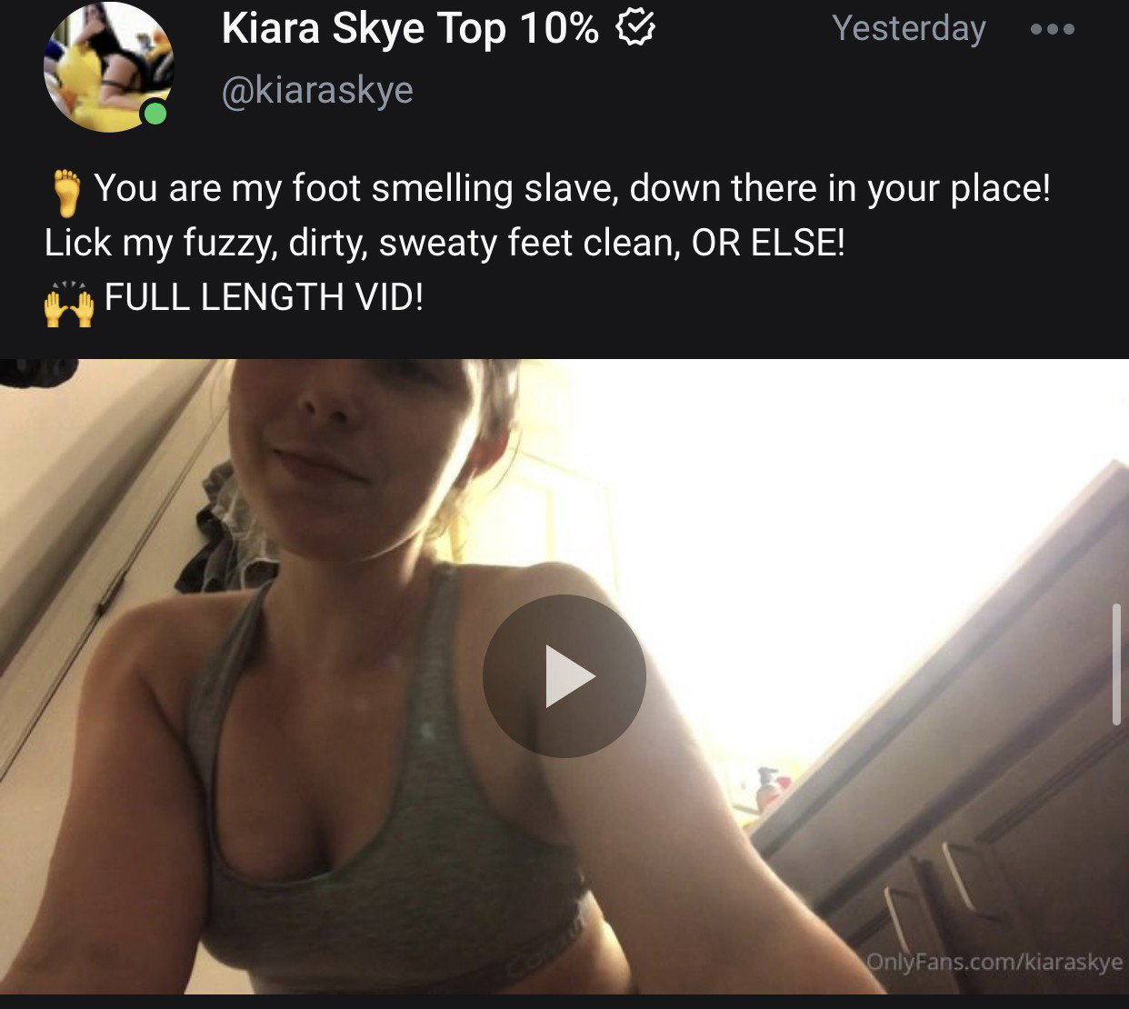 Watch the Photo by Kiara Skye with the username @KiaraSkye, who is a star user, posted on July 10, 2020. The post is about the topic Foot Fetish. and the text says 'Have you seen this EXCLUSIVE video I made JUST for my most loyal fans?! 🤓 You know where to find my links! 


#feet #soles #stinkyfeet #smellyfeet #socks #wornsocks #stinkysocks #toejam #toes #footslave #lickingfeet #footfetish #goddess #femdom..'