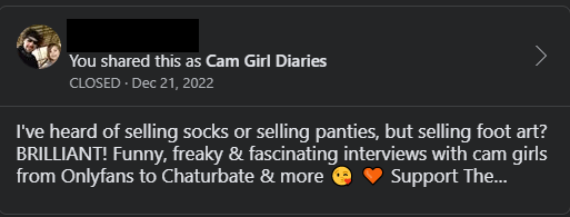 Photo by Cam Girl Podcast with the username @CamGirlDiaries, who is a brand user,  December 27, 2022 at 12:05 AM. The post is about the topic Adult Humor and the text says 'Facebook took this down for sexual content! Did you every thing that some people buy used socks or used panties because they are poor? Facebook clearly hate poor people! Elitist scumbags!
#UsedSocksForThePoor #PantyPooPunchers..'