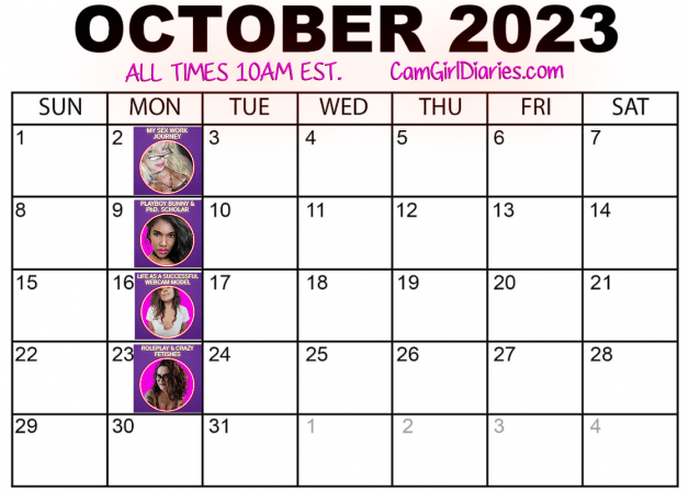 Photo by Cam Girl Podcast with the username @CamGirlDiaries, who is a brand user,  October 1, 2023 at 10:09 PM and the text says 'This months Cam Girl Diaries Podcast schedule...so far 😜
Oct. 2nd Stripper Kitty Papas  
Oct. 9th Playboy Bunny Bella Maori 
Oct. 16th Mistress Kitty Kate  
Oct. 23rd Sinfluencer Ember Skies  
Oct. 30th Coming Soon
.
Listen or Watch On Your..'