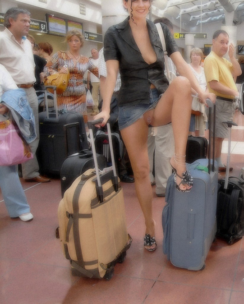 Photo by flashingmilf with the username @flashingmilf,  April 11, 2018 at 5:33 PM and the text says 'chiraluna:

exhiblover:

whathappensinvacations:

She knows how to start her vacation!

Traveling light

So kommt sie leichter durch den Sicherheitscheck.
 #tightshirt'