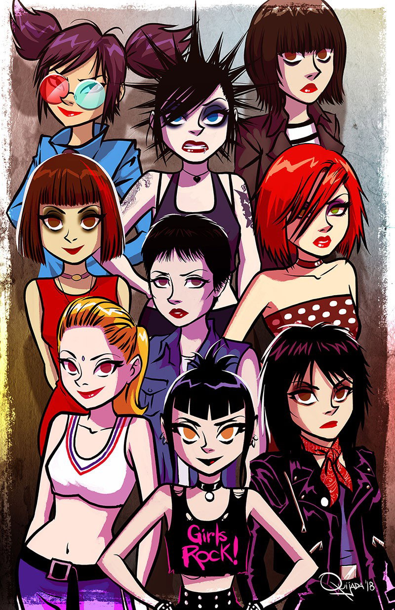 Photo by earlgreyatmidnight with the username @earlgreyatmidnight,  November 23, 2018 at 7:59 PM and the text says 'sergioquijada:

Can you guess all the Girls Rock Power in here? I’ll give you the first name from the bottom: Lilly, from my upcoming Goth Ghost Girl comicbook. #music  #women  #that  #rock  #cartoon  #comics  #art  #girlpower  #rock  #gwen  #stefani..'